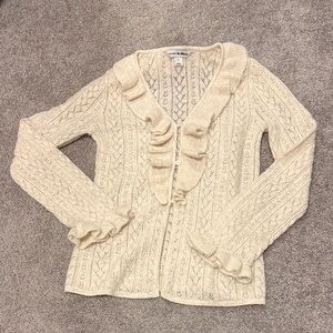 Ruffle-Trim Cream Knit Cardigan Sweater